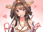  1girl ahoge baffu breasts brown_hair cleavage grin hairband hand_on_own_chest headgear highres japanese_clothes kantai_collection kongou_(kantai_collection) long_hair nontraditional_miko pocky smile solo violet_eyes 