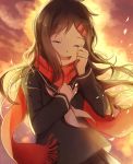  blush brown_hair closed_eyes crying kagerou_project long_hair scarf seifuku smile tateyama_ayano 