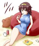  1girl :3 bare_arms bare_legs bare_shoulders breasts brown_eyes brown_hair coffee_mug cola dress eating hairband kousei_(public_planet) large_breasts looking_at_viewer original pillow pocky pocky_day ribbed_sweater sitting sleeveless sleeveless_dress sleeveless_turtleneck soda_can solo stuffed_animal stuffed_toy sweater sweater_dress teddy_bear turtleneck 