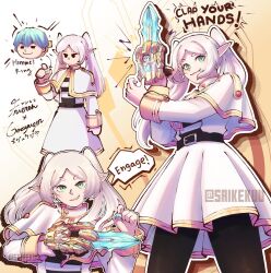  1girl black_pantyhose capelet copyright_name cowboy_shot elf frieren green_eyes grey_hair henshin_pose highres himmel_(sousou_no_frieren) jacket long_hair no.1_sentai_gozyuger pantyhose pointy_ears saikekuu sentai_ring shirt skirt sousou_no_frieren speech_bubble super_sentai tega_sword twintails white_capelet white_jacket white_shirt white_skirt 