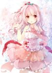  1girl bare_shoulders bow bracelet covered_mouth dress elbow_gloves flower gloves hair_bow hair_flower hair_ornament jewelry long_hair looking_at_viewer original pink_dress pink_eyes pink_gloves pink_hair puracotte red_eyes ribbon signature single_glove skirt solo standing 