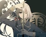  2015 2boys azi_(ususio6) black_hair closed_eyes dated highres honebami_toushirou male_focus military military_uniform multiple_boys namazuo_toushirou necktie ponytail smile sword touken_ranbu uniform violet_eyes wakizashi weapon white_hair 