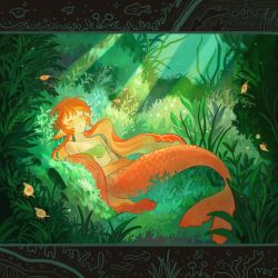  1girl absurdres border closed_eyes commentary fins fish foliage grass highres light_rays lying mermaid monster_girl nature on_back orange_hair original ornate_border outdoors plant seaweed sleeping solo sunbeam sunlight symbol-only_commentary twintails underwater ya0n0524 