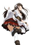 1girl black_hair breasts brown_eyes cleavage ikkitousen long_hair looking_at_viewer maid_headdress simple_background skirt smile solo ten&#039;i_(ikkitousen) thigh-highs white_background white_legwear 