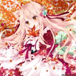  1girl animal_ears autumn_leaves blonde_hair bridal_gauntlets brown_eyes butterfly cat_ears floral_print flower hair_flower hair_ornament hair_ribbon japanese_clothes kimono long_hair looking_at_viewer nanase_nao original ribbon solo very_long_hair wrist_ribbon 