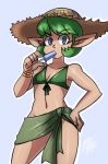  1girl bigdead93 bikini_top blue_eyes cowboy_shot green_hair hand_on_hip hat highres looking_at_viewer navel no_panties pointy_ears popsicle saria sarong short_hair small_breasts solo straw_hat tan the_legend_of_zelda the_legend_of_zelda:_ocarina_of_time 