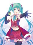  1girl aqua_hair black_gloves black_legwear blue_eyes elbow_gloves gift gloves green_hair hatsune_miku long_hair looking_at_viewer midriff navel open_mouth ousaka_nozomi outstretched_arm skirt solo thigh-highs twintails very_long_hair vocaloid 