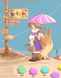  1girl :o alien apocalypse_hotel ascot braid brown_eyes commentary desert highres holding holding_umbrella jacket long_skirt looking_back low_twin_braids parasol pink_hair purple_ascot road_sign sabahige shirt sign skirt sleeve_cuffs toolbox traffic_light twin_braids umbrella yachiyo_(apocalypse_hotel) yellow_jacket 