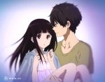  1boy 1girl black_hair carrying casual chitanda_eru couple green_eyes hetero hyouka jacket_on_shoulders long_hair malo_ni oreki_houtarou princess_carry short_hair violet_eyes 