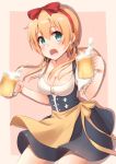  1girl :o absurdres alcohol apron beer blush bow breasts cleavage collarbone cowboy_shot dirndl dress drink frills froth german_clothes green_eyes hair_bow hairband highres kantai_collection kapatarou looking_at_viewer low_twintails open_mouth pink_background prinz_eugen_(kantai_collection) puffy_short_sleeves puffy_sleeves short_hair short_sleeves simple_background solo traditional_clothes twintails waist_apron 