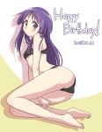  1girl bikini black_bikini happy_birthday hinata_yukari long_hair lying mel_(artist) on_side purple_hair solo swimsuit violet_eyes yuyushiki 