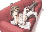  1girl bare_shoulders boots breasts brown_hair cleavage couch double_bun hair_ornament hairband headgear japanese_clothes kantai_collection kongou_(kantai_collection) long_hair looking_at_viewer lying nontraditional_miko on_stomach remodel_(kantai_collection) skirt smile solo thigh-highs thigh_boots vent_arbre zettai_ryouiki 