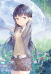  1girl adjusting_hair blouse coat flower looking_at_viewer necktie rain saban skirt solo umbrella uniform 