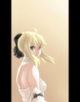  1girl ahoge bare_shoulders black_ribbon blonde_hair breasts detached_sleeves fate/stay_night fate_(series) fork_(357022) green_eyes highres pillarboxed ribbon saber saber_lily sideboob simple_background smile solo type-moon 