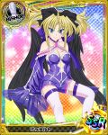  1girl artist_request bishop_(chess) black_wings blonde_hair blue_eyes bow breasts card_(medium) character_name chess_piece covered_nipples fang fang_out hair_bow high_school_dxd mittelt official_art solo thigh-highs trading_card twintails wings 