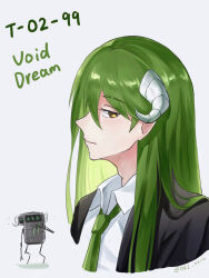  1boy black_jacket blush collared_shirt dress_shirt e.g.o_(project_moon) engulfing_dream_(e.g.o) formal_clothes green_hair green_necktie highres horns jacket lobotomy_corporation long_hair looking_at_another multiple_persona necktie netzach_(project_moon) non-humanoid_robot ori_oriio profile project_moon robot sheep_horns shirt straight_hair white_shirt 