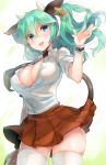  1girl animal_ears blue_eyes blush breasts cleavage cow_ears cow_girl cow_horns cow_tail ear_tag green_hair horns large_breasts long_hair looking_at_another naso4 open_mouth original short_sleeves skirt smile solo tail thigh-highs twintails white_legwear 