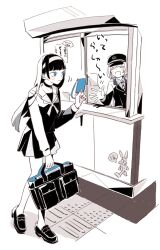  2girls asahi_(uwa) bag black_choker black_hair black_jacket black_serafuku blue_eyes blush briefcase card choker collared_shirt crossover full_body grey_hair hairband hat highres holding holding_bag holding_card jacket kepi loafers long_hair looking_at_another matsudai_usagi matsunoyama_tanami military_hat multiple_girls necktie onsen_musume school_uniform serafuku shirt shoes smile tactile_paving tetsudou_musume translation_request waving white_hairband 