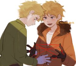  2boys back black_gloves blonde_hair blue_eyes closed_mouth english_commentary english_text fur-trimmed_jacket fur_trim gloves green_shirt hood hooded_jacket jacket kenny_mccormick long_sleeves looking_at_another looking_down male_focus multiple_boys nervous open_mouth orange_hair orange_jacket rrrrrrrrrrrou1 shirt short_hair simple_background smile south_park string string_of_fate sweatdrop t-shirt teeth tweek_tweak upper_body white_background white_shirt 