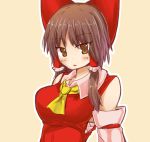  1girl ascot blush bow breasts brown_eyes brown_hair commentary_request cookie_(touhou) detached_sleeves hair_bow hair_tubes hakurei_reimu large_breasts long_hair looking_at_viewer nnns reu sarashi solo touhou upper_body 