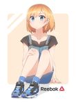  1girl blue_eyes joshua_lee light_brown_hair looking_at_viewer miyamori_aoi overalls product_placement reebok shirobako shoes short_hair sitting solo 