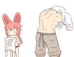  1boy 1girl ahoge animal_ears blush braid bunny_girl bunny_tail chibi greenteaneko highres long_hair nora_(greenteaneko) original rabbit_ears redhead single_braid sweatdrop tail undressing 