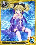  1girl artist_request bishop_(chess) blonde_hair blue_background blue_eyes bow breasts card_(medium) character_name chess_piece covered_nipples fang fang_out hair_bow high_school_dxd mittelt official_art solo thigh-highs trading_card twintails 