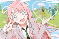  >_< 1boy 4girls :d ^^^ absurdres bang_dream! bang_dream!_it's_mygo!!!!! baseball_cap belt_buckle black_bodysuit black_shoes blazer blonde_hair blue_eyes blue_hoodie blue_neckerchief blue_serafuku blue_shirt blue_shoes blue_shorts blue_skirt blush bodysuit boots breasts brown_boots brown_hair brown_shoes brown_skirt buckle chihaya_anon clouds cloudy_sky collarbone collared_shirt covered_face covering_face crossover crotchless crotchless_pants diagonal-striped_clothes diagonal-striped_necktie dio_brando drawn_ears drawn_heart fang floating_hair flying_sweatdrops frilled_umbrella frills green_necktie grey_eyes grey_hair grey_jacket hair_between_eyes hand_on_own_face hand_up hands_up haneoka_school_uniform hat heart heart-shaped_buckle highres holding holding_rock holding_umbrella hood hood_down hoodie jacket jojo_no_kimyou_na_bouken knee_pads leaning_to_the_side loafers long_hair long_sleeves looking_ahead looking_at_another looking_at_viewer medium_hair medium_skirt misumi_uika multiple_girls nagasaki_soyo neckerchief necktie no_mouth on_grass open_clothes open_hand open_jacket open_mouth pants pink_eyebrows pink_hair plaid_clothes plaid_skirt pleated_skirt pointy_boots reaching reaching_towards_another reiboubyou rock sailor_collar school_uniform serafuku shirt shirt_tucked_in shoes short_hair short_sleeves shorts sidelocks skirt sky smile socks solo sparkling_eyes standing stardust_crusaders stone_mask_(jojo) striped_clothes swept_bangs takamatsu_tomori tsukinomori_school_uniform two-tone_hoodie umbrella v viewfinder water white_sailor_collar white_shirt yellow_hoodie yellow_jacket yellow_pants 