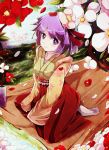  1girl blush flower hair_flower hair_ornament hair_ribbon hakama hieda_no_akyuu highres in_tree japanese_clothes kimono kuromochi_(qkbhf073) no_shoes outdoors petals purple_hair ribbon short_hair sitting sitting_in_tree smile socks solo touhou tree violet_eyes water white_legwear 