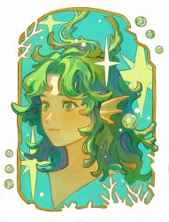  1girl absurdres border bubble closed_mouth fins green_eyes green_hair head_fins highres medium_hair mermaid monster_girl original parted_bangs sparkle star_(symbol) translation_request wavy_hair ya0n0524 