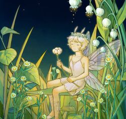  1girl bare_arms bare_shoulders closed_eyes closed_mouth commentary_request dress fairy fairy_wings flower grass head_wreath highres holding holding_flower mini_person minigirl night night_sky original outdoors plant short_hair sitting sky sleeveless solo white_flower white_hair wings ya0n0524 