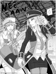  2girls absurdres closed_eyes gaarachaosqueen genderswap hat highres kudari_(pokemon) long_coat long_hair monochrome multiple_girls necktie nobori_(pokemon) pantyhose pokemon pokemon_(game) pokemon_bw skirt speech_bubble watermark web_address 