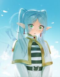  1girl blue_sky capelet crying crying_with_eyes_open day earrings elf english_commentary frieren green_eyes grey_hair highres himmel_(sousou_no_frieren) jewelry open_mouth outdoors pointy_ears shirt skirt sky sousou_no_frieren striped_clothes striped_shirt tears twintails waligner white_capelet white_skirt 