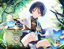  1boy anemo_symbol_(genshin_impact) aqua_gemstone aranara_(genshin_impact) arm_at_side belt black_belt black_bodysuit black_hair black_leggings black_shorts blue_cape blue_flower blue_hat blue_kimono blunt_ends bodysuit borrowed_clothes canopy_(forest) cape closed_mouth covered_collarbone eyeliner eyeshadow feathers flower forest furisode genshin_impact gold han'eri hat highres ina_(t_play1125) japanese_clothes jingasa kimono layered_kimono leg_warmers leggings looking_at_creature makeup male_focus mandarin_collar nature open_clothes open_kimono outdoors pom_pom_(clothes) purple_rope purple_sash red_eyeliner red_eyeshadow rope sash scaramouche_(genshin_impact) short_sleeves shorts shoulder_peek sitting smile twitter_username violet_eyes wanderer_(genshin_impact) white_kimono white_leg_warmers white_sleeves white_trim wispy_bangs yellow_feathers 