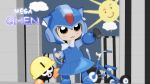  1girl 3d :3 animal_ears bkub_(style) blender_(medium) blush bowtie brown_eyes building cat_ears chen chibi clouds commentary crossover dress gs-mantis helmet highres horn metool multiple_tails parody ribbon rockman rockman_(character) rockman_(character)_(cosplay) skyscraper sun tail touhou tricycle 