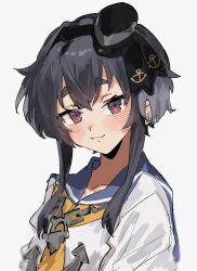  1girl :3 anchor_necklace aogisa black_hat blue_sailor_collar blush chain closed_mouth grey_hair hat highres jewelry kantai_collection looking_at_viewer medium_hair mini_hat neckerchief necklace red_eyes sailor_collar shirt sidelocks simple_background smile solo tokitsukaze_(kancolle) upper_body white_background white_shirt yellow_neckerchief 