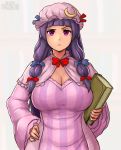  1girl blue_bow book bow breasts capelet cleavage crescent dress erkaz frown hair_ornament hand_on_hip hat hat_ribbon highres large_breasts long_hair looking_at_viewer mob_cap patchouli_knowledge purple_dress purple_hair red_bow ribbon solo striped touhou upper_body vertical-striped_dress vertical_stripes violet_eyes 