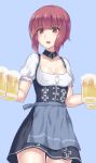  1girl alcohol auburn_hair beer beer_mug breasts brown_eyes cleavage dirndl dress evuoaniramu german_clothes highres kantai_collection looking_at_viewer oktoberfest open_mouth short_hair smile solo underbust z3_max_schultz_(kantai_collection) 
