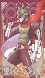  1boy antennae armor belt boots bug card card_(medium) compound_eyes giganticbrush gloves glowing grasshopper green_armor green_helmet helmet highres holding holding_sword holding_weapon kamen_rider kamen_rider_(1st_series) kamen_rider_1 male_focus red_eyes red_scarf rider_belt scarf shoulder_armor silver_gloves solo standing sword tarot tarot_(medium) tarot_card the_fool_(tarot) tokusatsu typhoon_(kamen_rider) weapon 