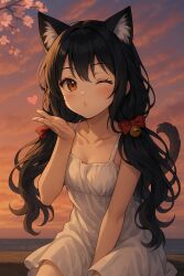  1girl ;3 ai_generated black_hair brown_eyes cat_ears cat_tail catgirl dress female heart-shaped_pupils inkapurinka kiss koicorp long_hair ribbon virtual_youtuber vtuber wink 