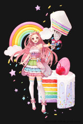  1girl :d absurdres ankle_ribbon arm_garter blue_bow blue_dress bow breasts cake cake_slice cherry choker cleo_(king&#039;s_raid) commentary cookie criss-cross_halter dress earrings english_commentary food food-themed_clothes food-themed_weapon fork frilled_choker frills fruit full_body giant_fork green_dress hair_ribbon halterneck high_heels highres holding holding_fork holding_staff icing jewelry ji_yu_lee king&#039;s_raid layer_cake layered_dress leg_ribbon long_hair mage_staff multicolored_dress official_alternate_costume official_art pink_bow pink_dress pink_hair pink_shoes rainbow ribbon shoes small_breasts smile solo sprinkles staff star_(symbol) star_earrings stuffed_toy thigh-highs white_dress white_ribbon white_thighhighs yellow_bow 