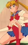  1girl bishoujo_senshi_sailor_moon blonde_hair blue_eyes boots bow double_bun elbow_gloves gloves highres knee_boots pleated_skirt red_boots red_bow sailor_dress sailor_moon screencap skirt solo squatting tsukino_usagi twintails 