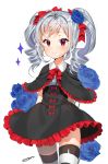  1girl absurdres blush capelet dr_poapo drill_hair flower highres idolmaster idolmaster_cinderella_girls kanzaki_ranko long_hair red_eyes rose silver_hair smile solo striped striped_legwear twin_drills twintails 