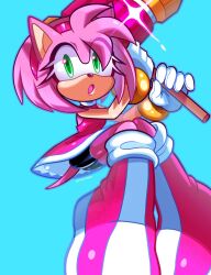  1girl :o amy_rose animal_ears animal_nose bike_shorts blue_background boots bracelet commentary dress english_commentary furry furry_female gloves gold_bracelet green_eyes hairband hammer hedgehog_girl highres holding holding_hammer jewelry looking_at_viewer open_mouth pink_fur pink_hair pontiikii red_boots red_dress red_hairband short_hair short_tail simple_background sitting solo sonic_(series) tail toy_hammer white_gloves 