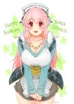  1girl blush breasts cleavage headphones large_breasts long_hair looking_at_viewer nitroplus open_mouth pink_hair pom_pom_(clothes) red_eyes smile solo super_sonico v_arms waniwani 