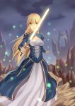  1girl blonde_hair breasts cleavage crow_(glhtca) dress excalibur fate/stay_night fate_(series) green_eyes highres long_hair saber solo sword type-moon weapon 