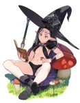  1girl :t black_hair book boots bracer cape eating go_robots hat highres midriff mushroom navel original pauldrons pointy_ears red_eyes sitting solo staff witch_hat 