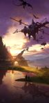  bridge city clouds dragon fantasy floating_city floating_island landscape mountain no_humans original reflection scenery signature sunset technoheart tower tree water 