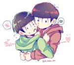  2boys brothers brown_hair choromatsu flying_sweatdrops heart hoodie hug incest looking_back male_focus multiple_boys osomatsu-kun osomatsu-san osomatsu_(osomatsu-kun) siblings simple_background spoken_heart sweatdrop twitter_username upper_body white_background yaoi 