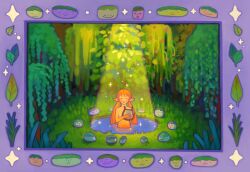  1girl border closed_eyes commentary_request creature fins foliage forest grass head_fins highres holding holding_instrument holding_lyre instrument leaf long_hair lyre mermaid monster_girl music nature orange_hair original ornate_border outdoors plant playing_instrument purple_border singing smile sparkle spotlight star_(symbol) tree twintails water ya0n0524 